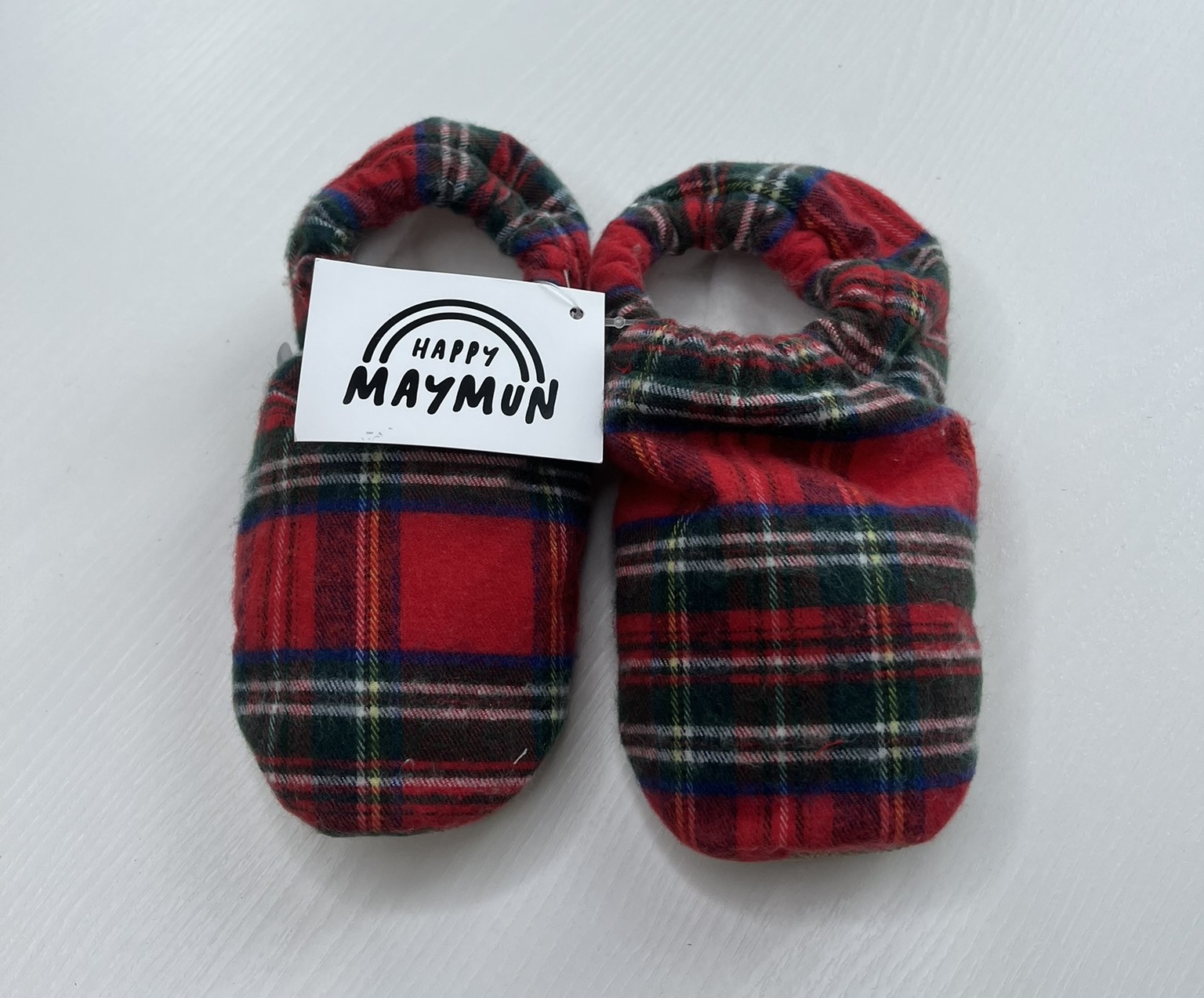 Scarpine per bambini in tessuto a quadri stile scozzese con motivo a stelle bianche, marchio Happy Maymun.